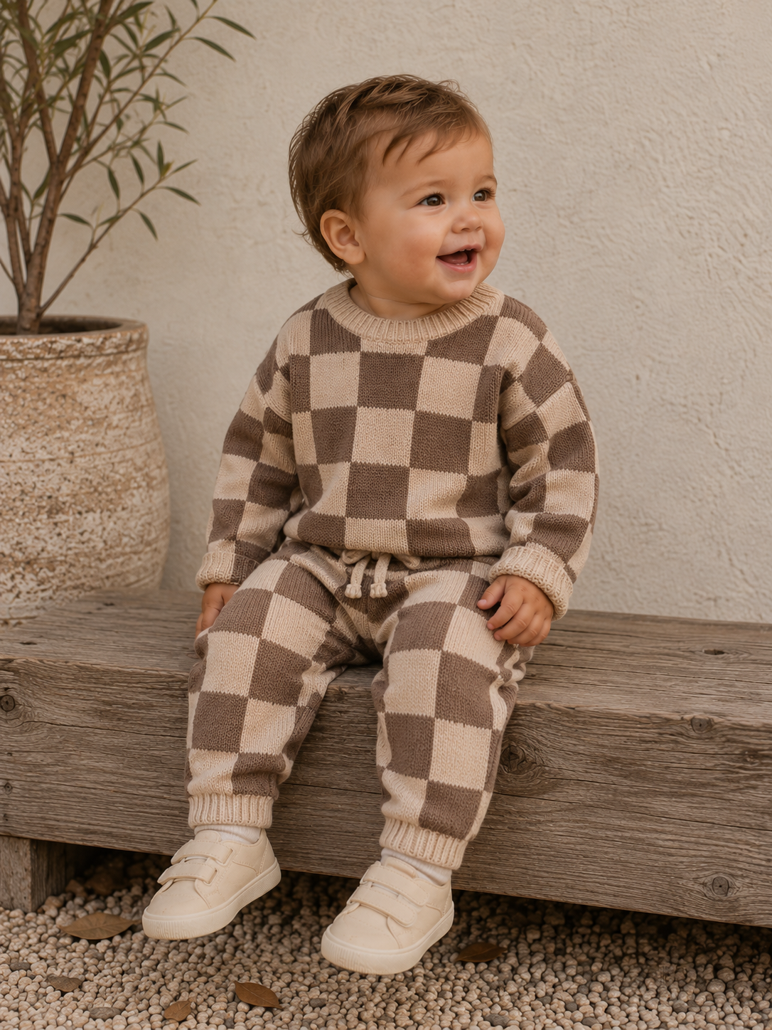 Checkerboard Knit Set – Brown